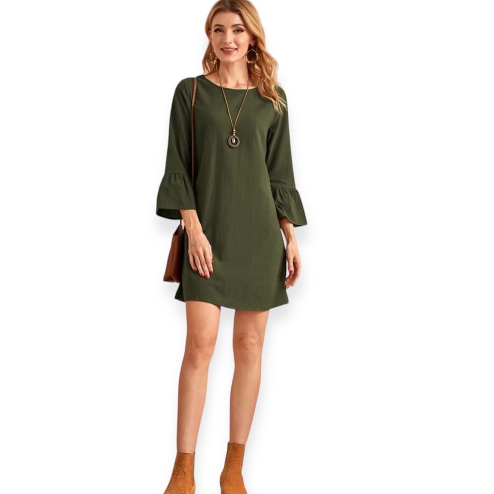 Solid army green flounce sleeve tunic dress